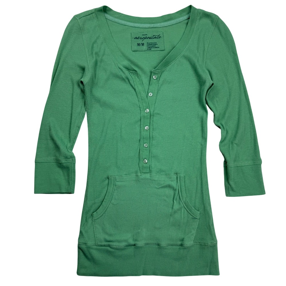 VTG Y2K Aeropostale Green Ribbed Henley Top 3/4 Sleeve Kangaroo Pocket Medium